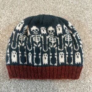 Handmade Skeleton Ghost Knit Beanie Fair Isle Halloween Winter Hat Black Rust